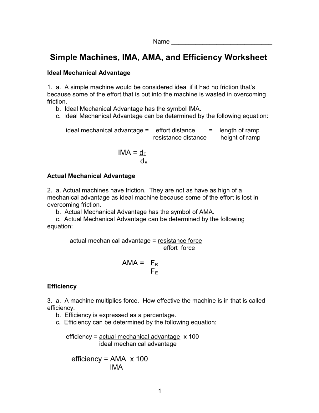 Simple Machines, IMA, AMA, and Efficiency Worksheet