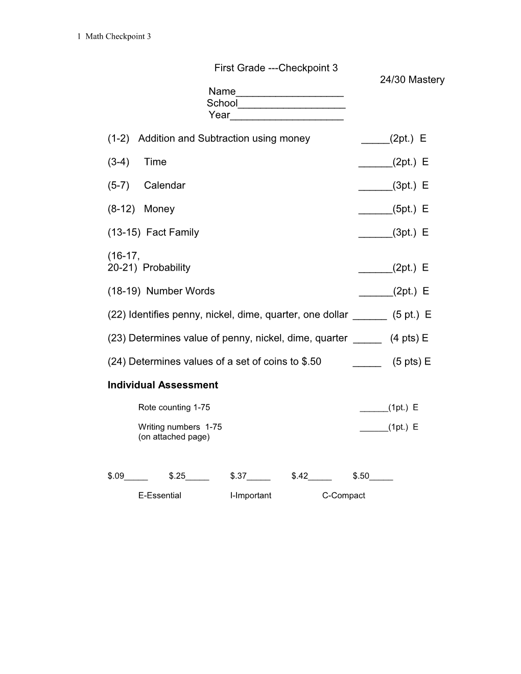 (1-2) Addition and Subtraction Using Money _____(2Pt.) E