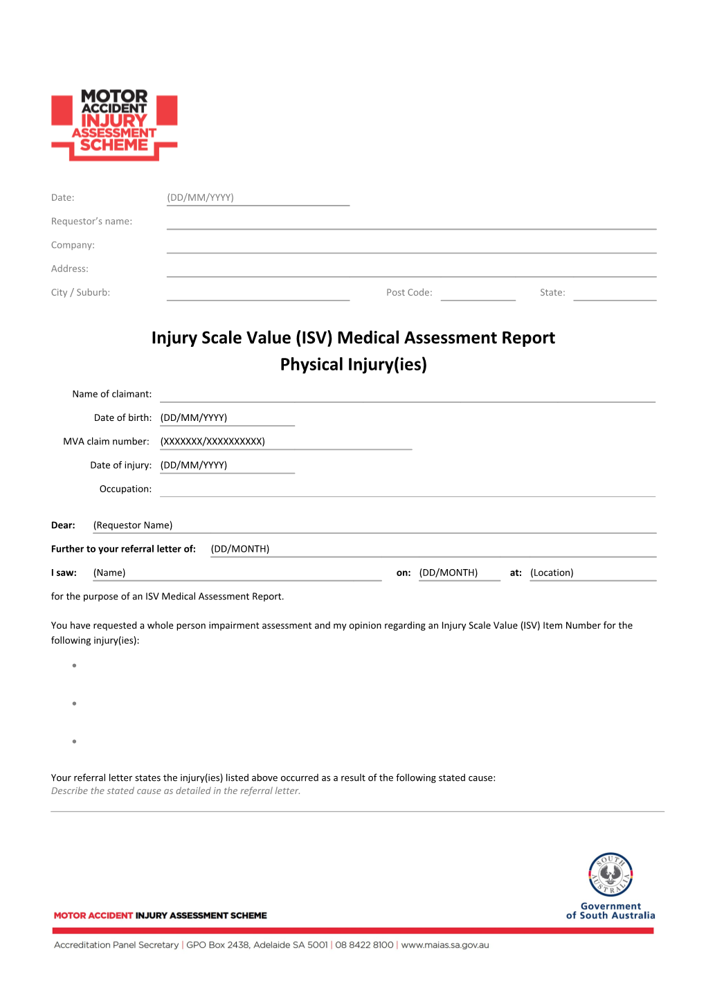 Injury Scale Value (ISV) Medical Assessment Report
