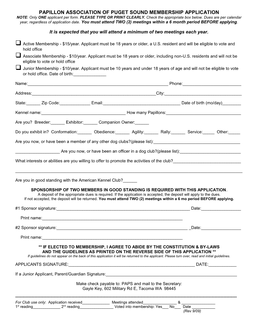 Papillon Association of Puget Sound Membership Application