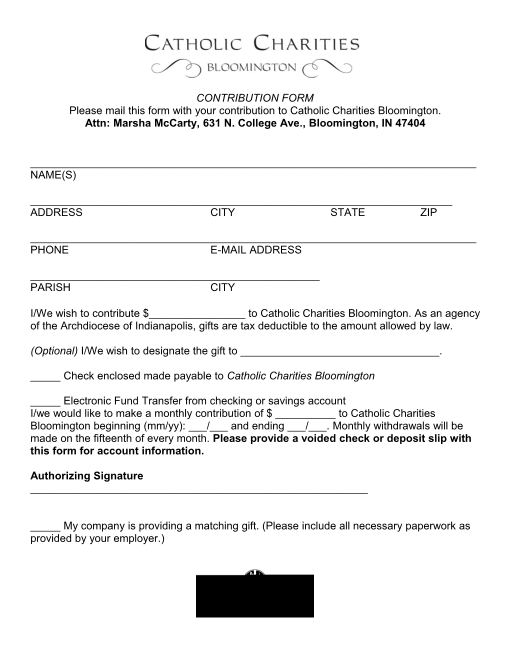 Please Mail This Form with Your Contribution to Catholic Charities Bloomington