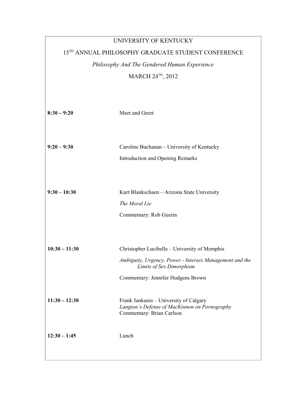 15Th Annual Philosophy Graduate Student Conference