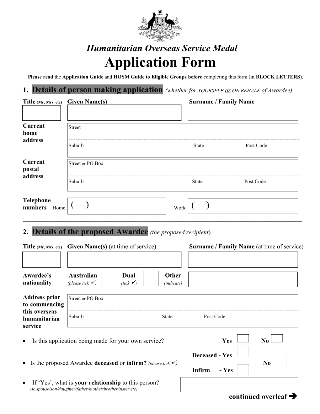 Humanitarian Overseas Service Medal Application Form