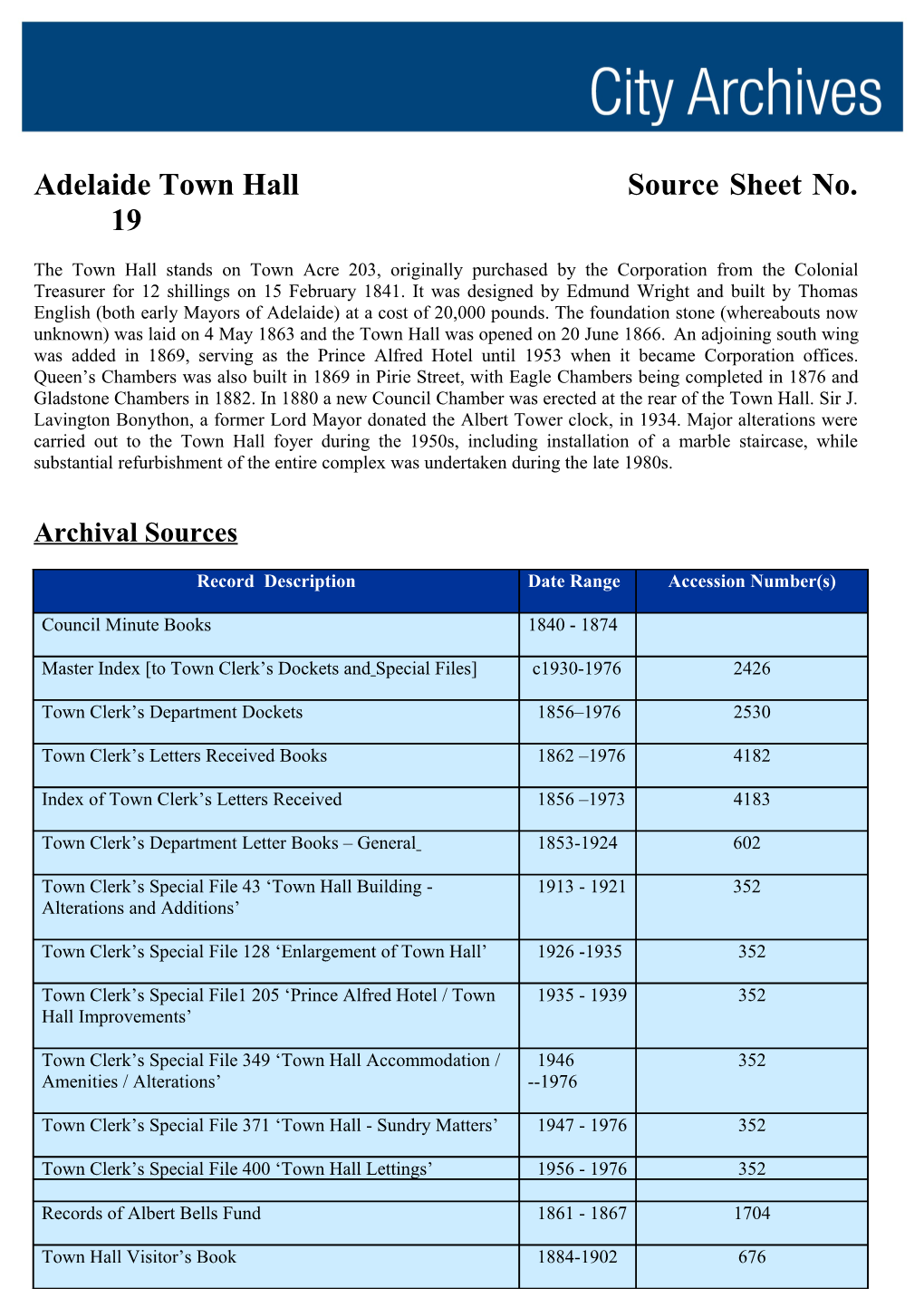 Adelaide Town Hall Source Sheet No. 19