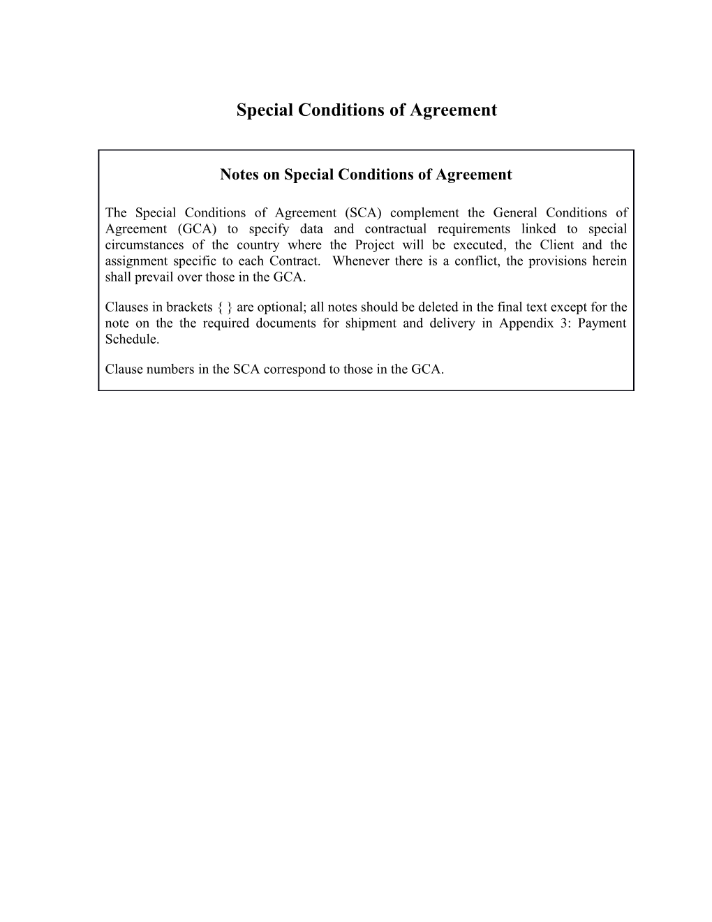 Special Conditions of Agreement