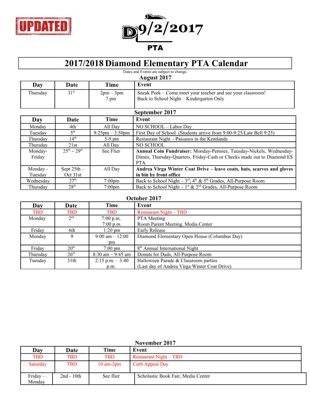 2017/2018 Diamond Elementary PTA Calendar