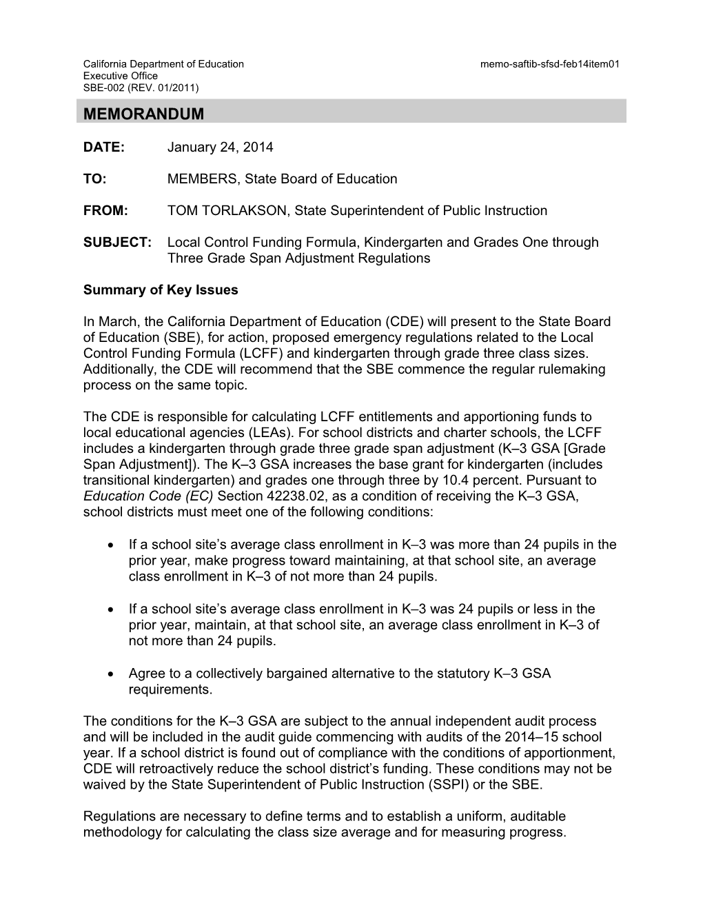 February 2014 SFSD Memo Item 01 - Information Memorandum (CA State Board of Education)