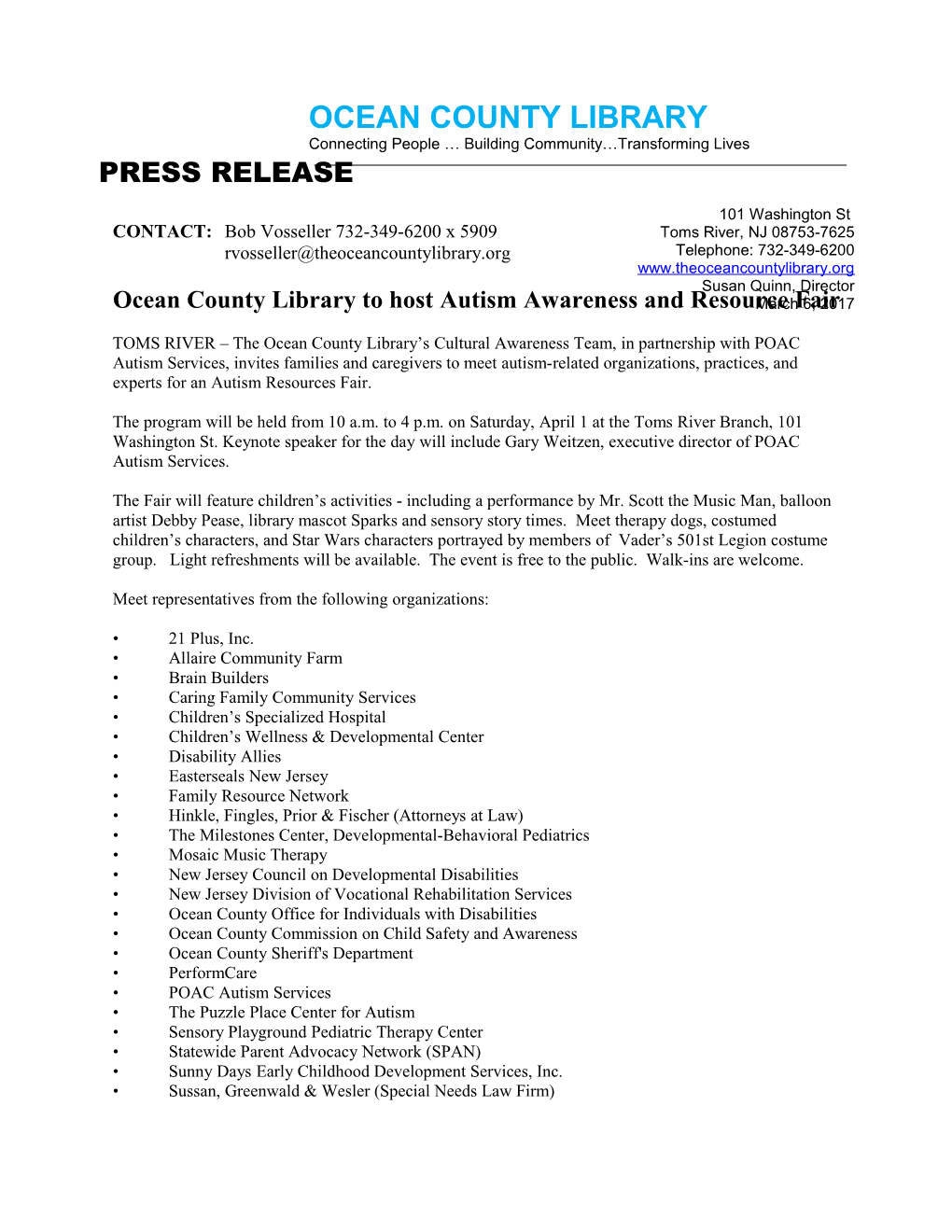 Ocean County Library to Host Autism Awareness and Resource Fair