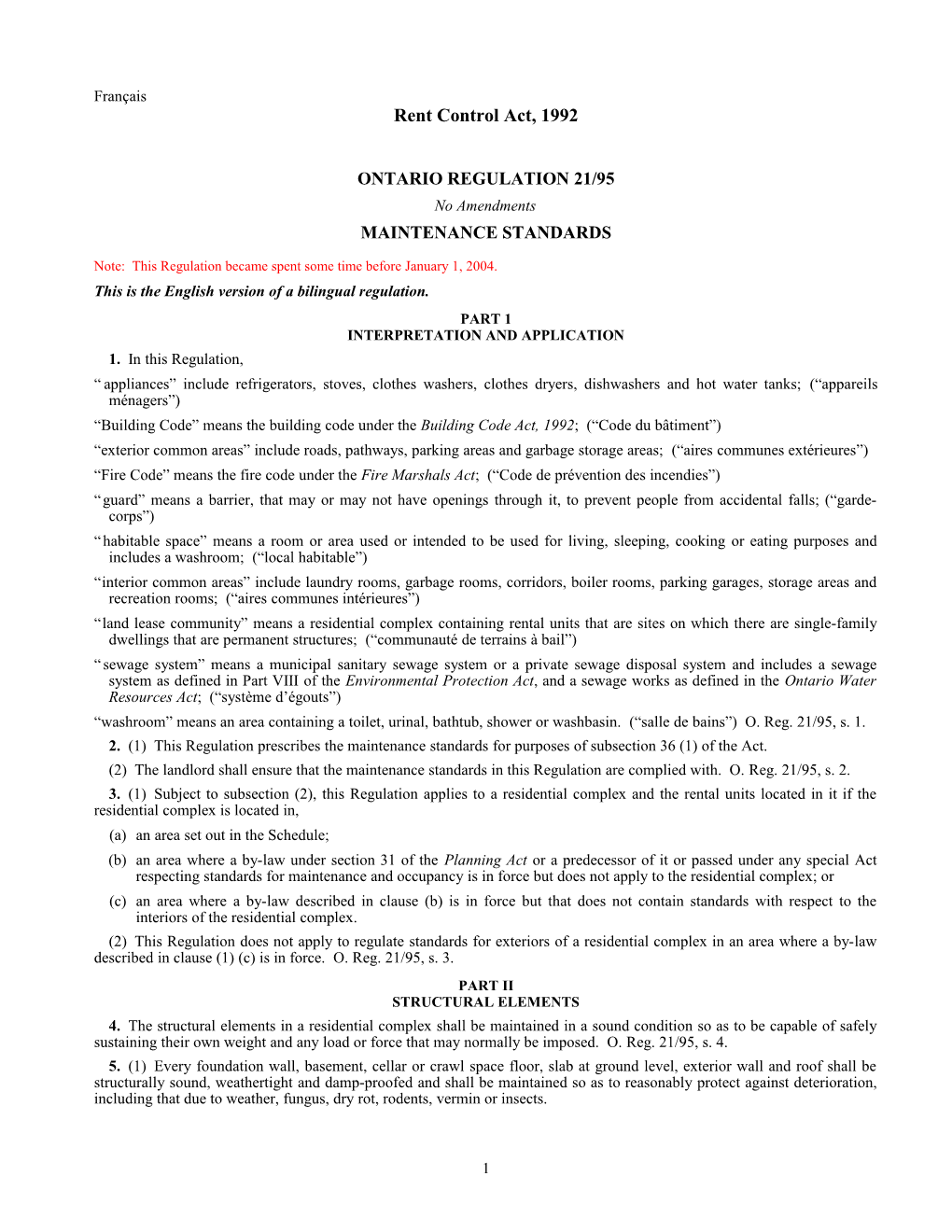 Rent Control Act, 1992 - O. Reg. 21/95