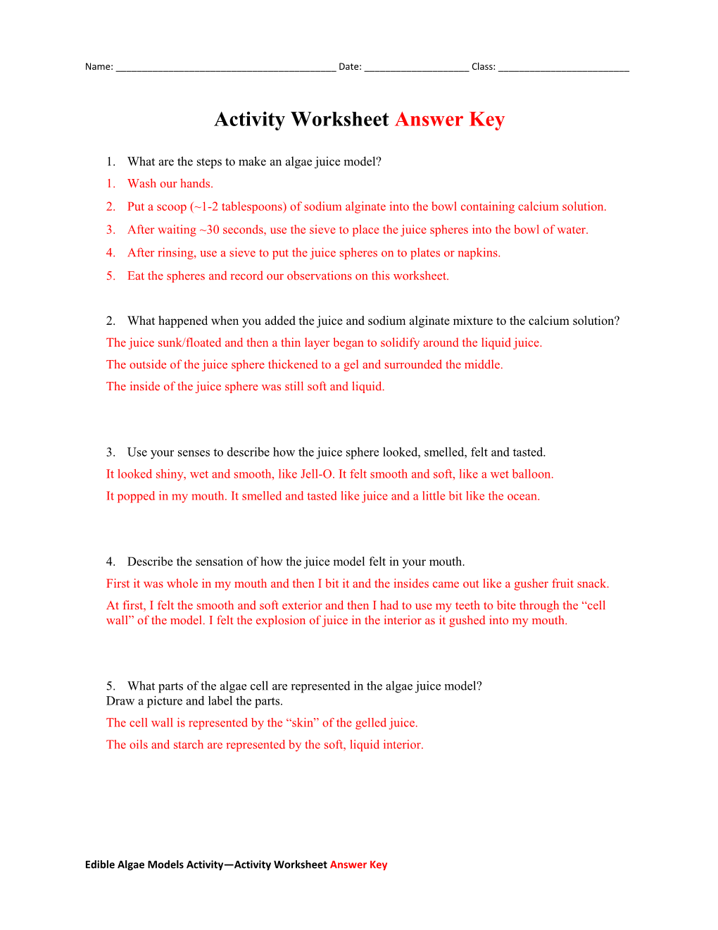 Activity Worksheet Answer Key