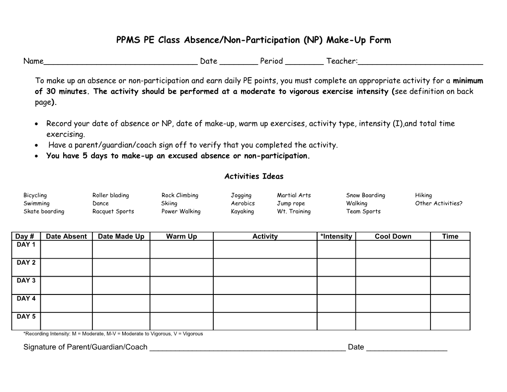 PPMS Physical Education Class Make-Up Sheet