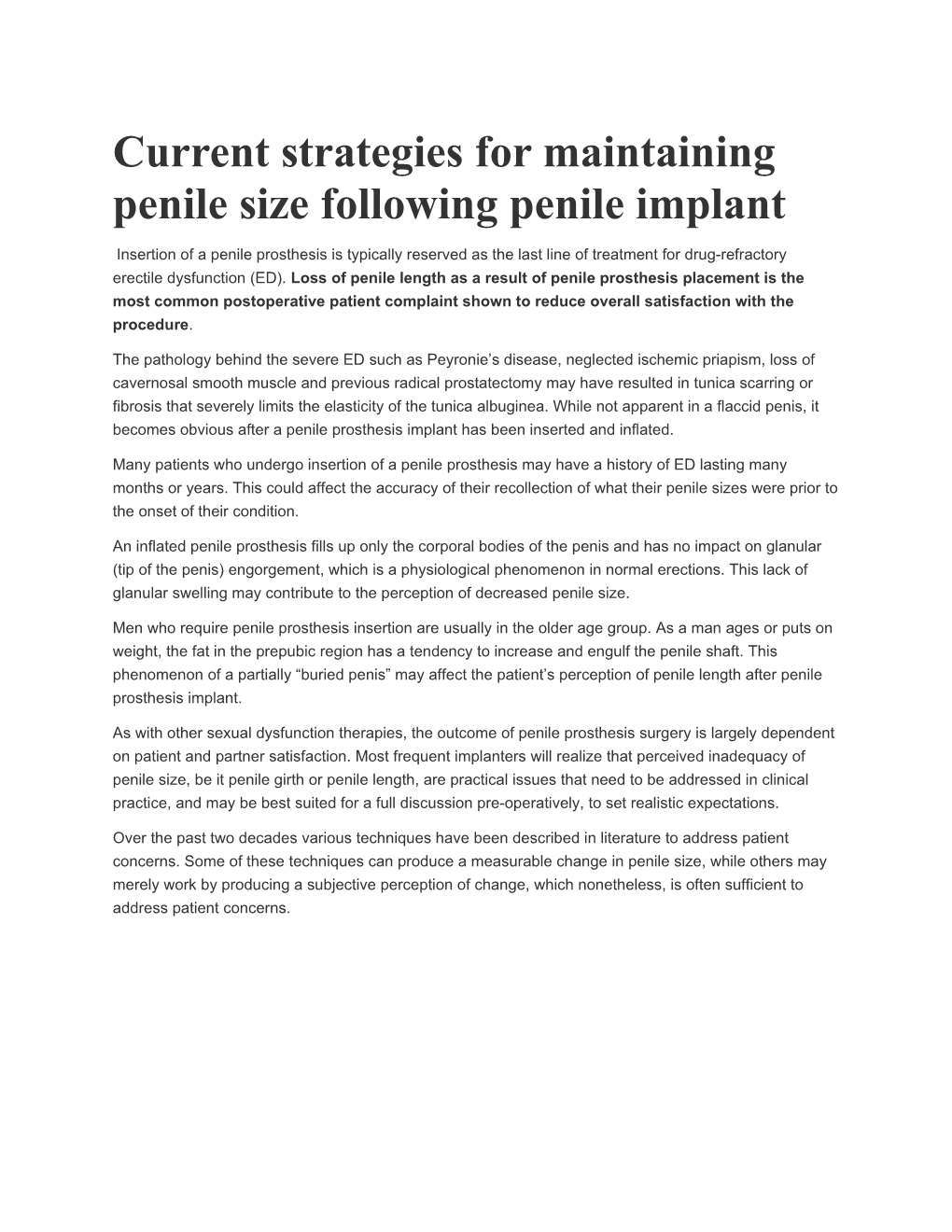 Current Strategies for Maintaining Penile Size Following Penile Implant