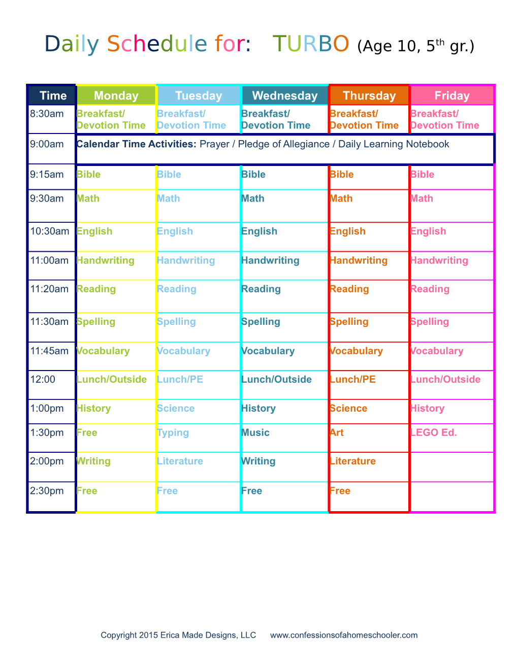 Daily Schedule For: TURBO (Age 10, 5Th Gr.)