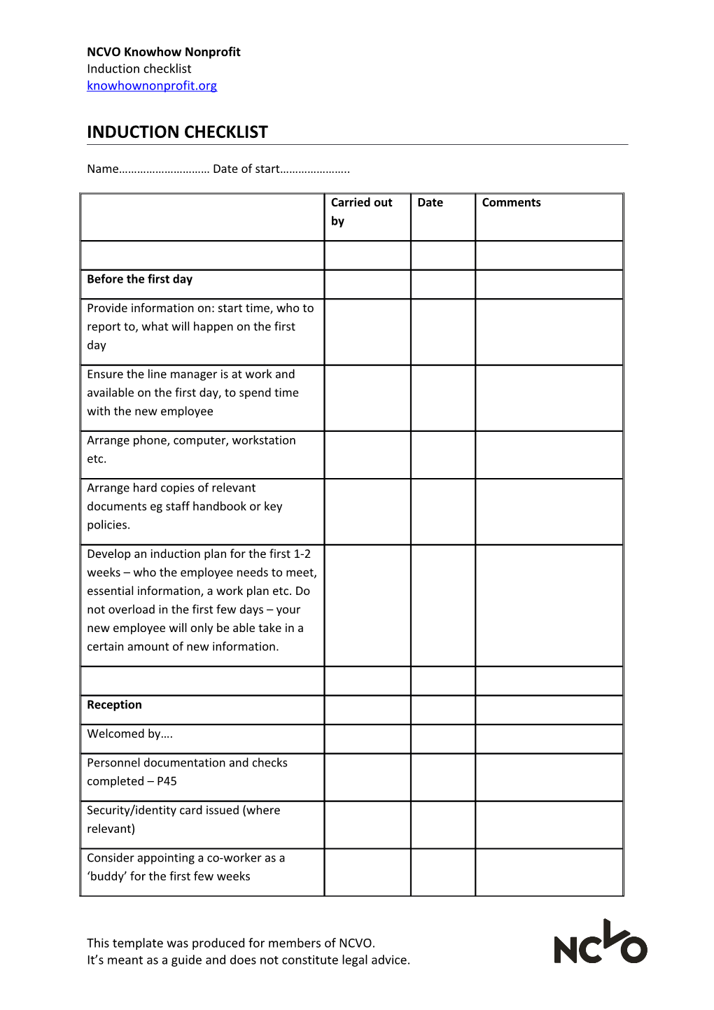 NCVO Knowhow Nonprofit Induction Checklist