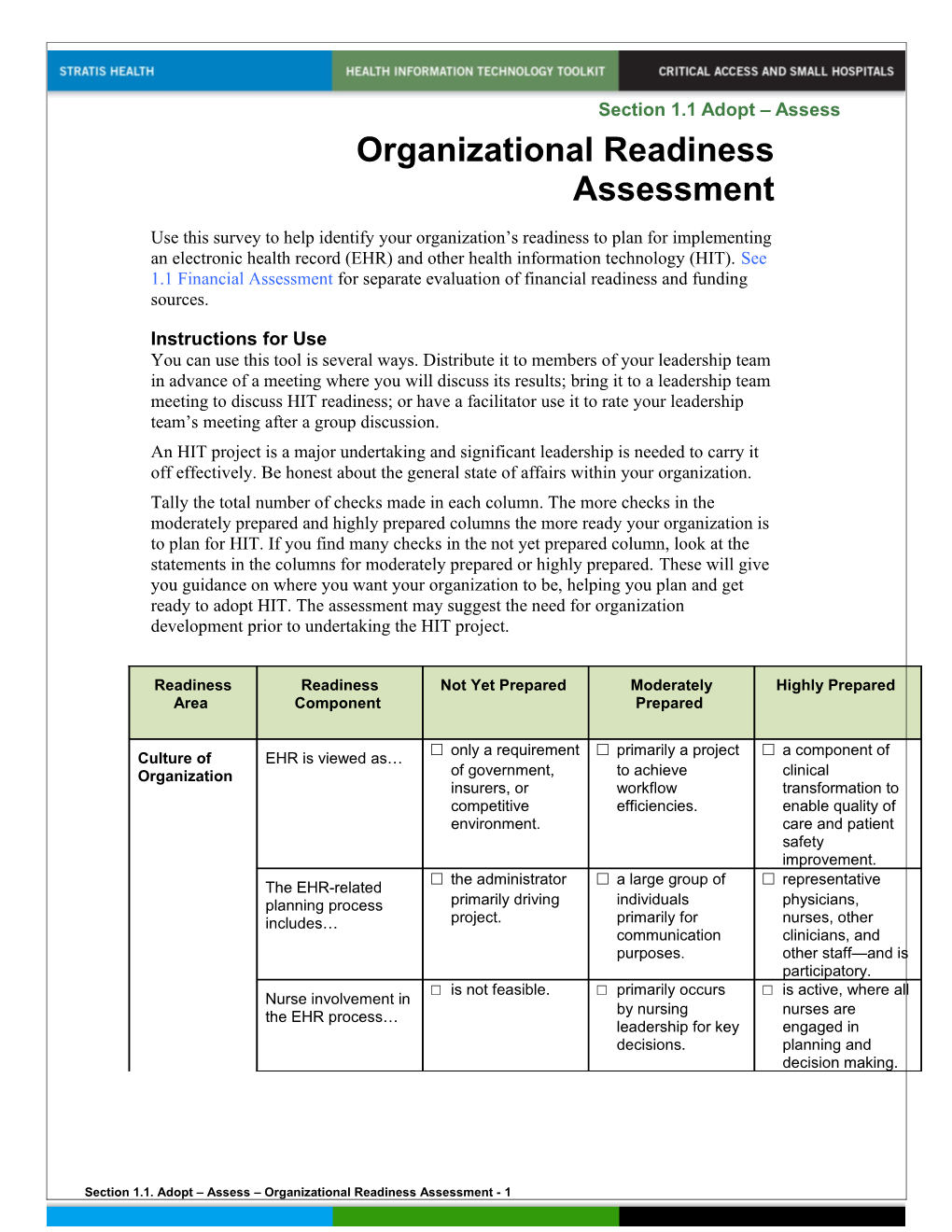 Section 1.1. Adopt Assess Organizational Readiness Assessment - 1