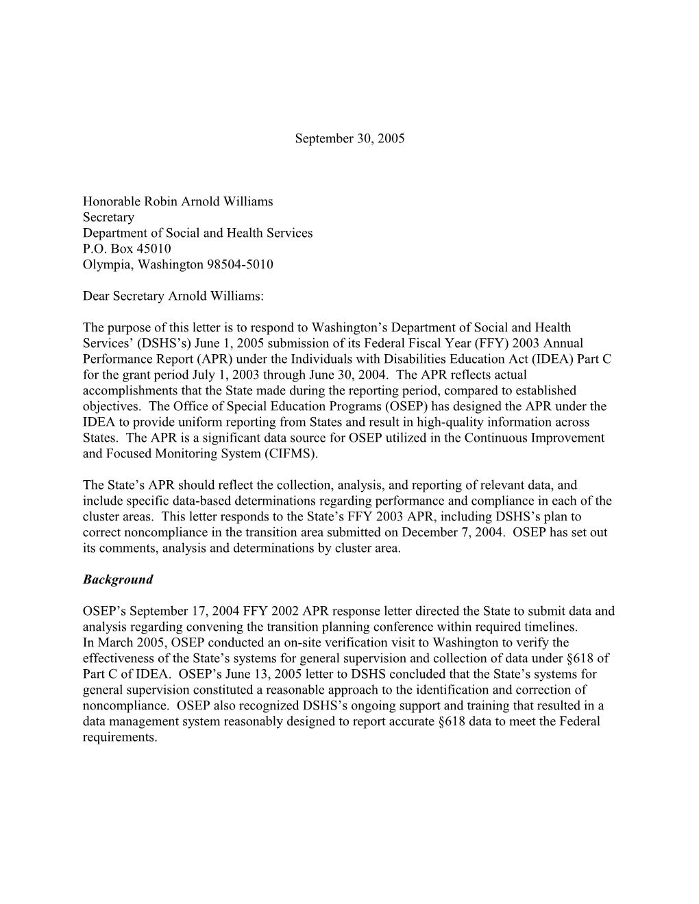Washington Part C APR Letter for Grant Year 2003-2004 (Msword)