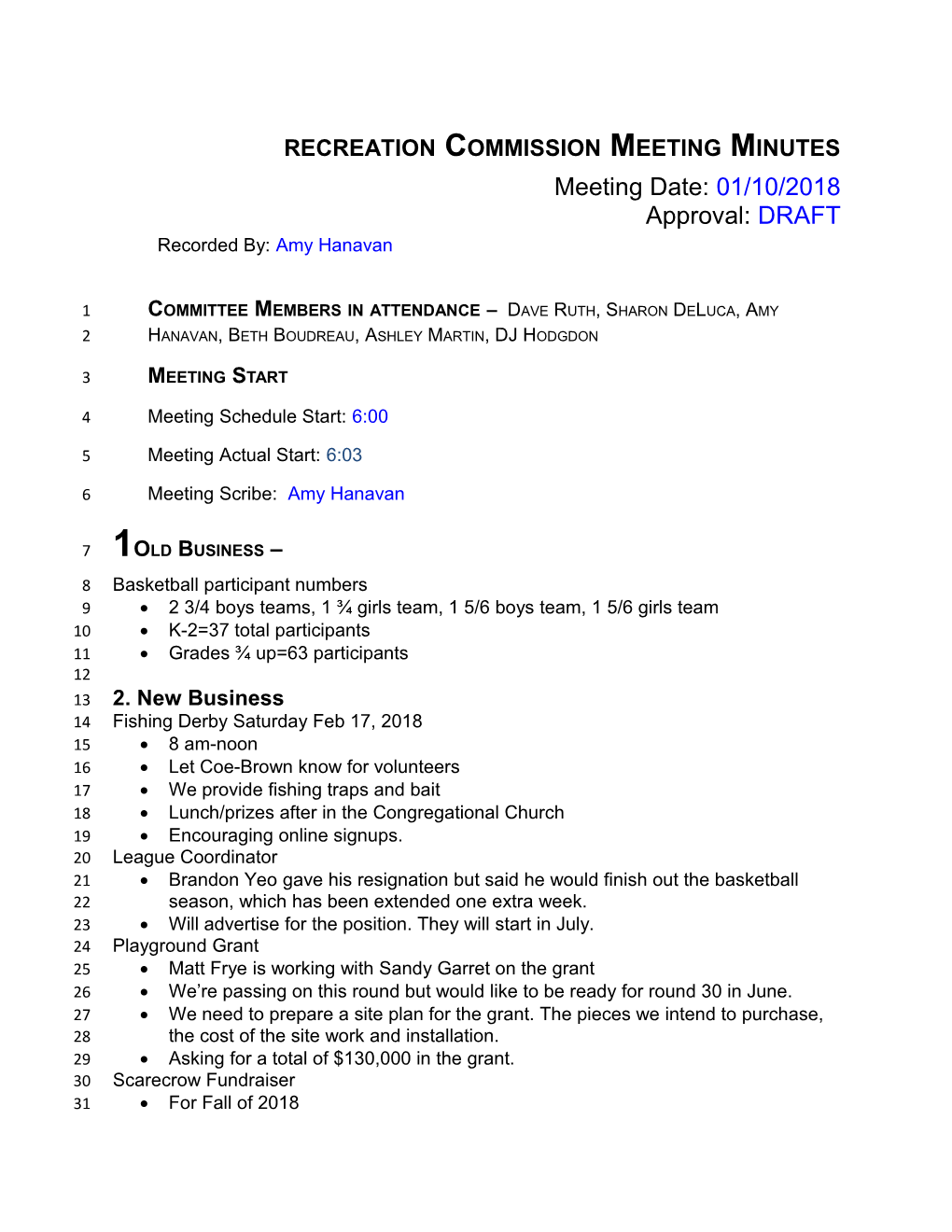Recreation Commission Meeting Minutes