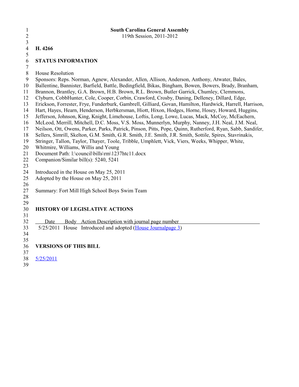 2011-2012 Bill 4266: Fort Mill High School Boys Swim Team - South Carolina Legislature Online