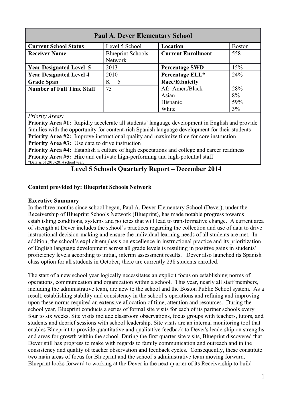 Level 5 Schools Quarterly Report December 2014