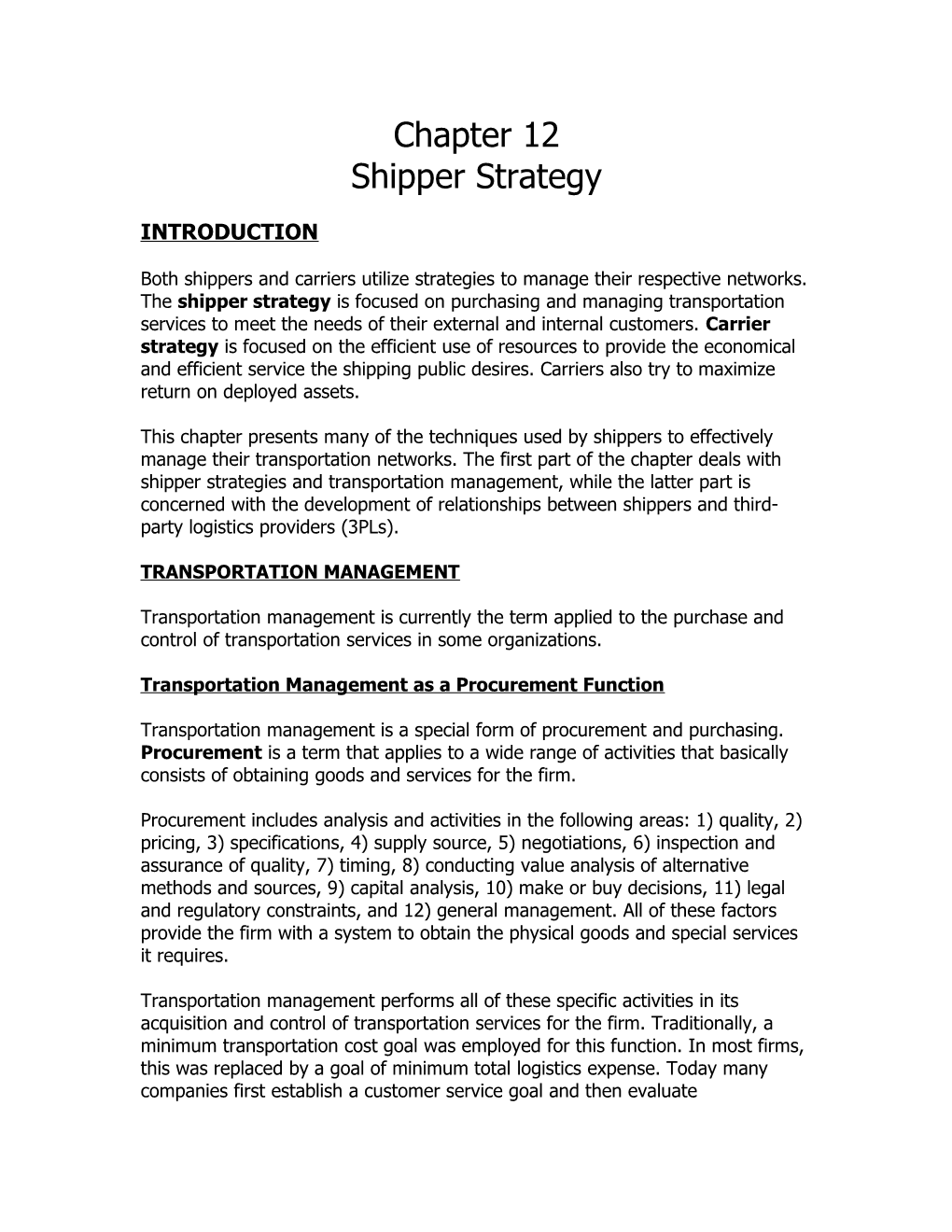 Transportation Management As a Procurement Function