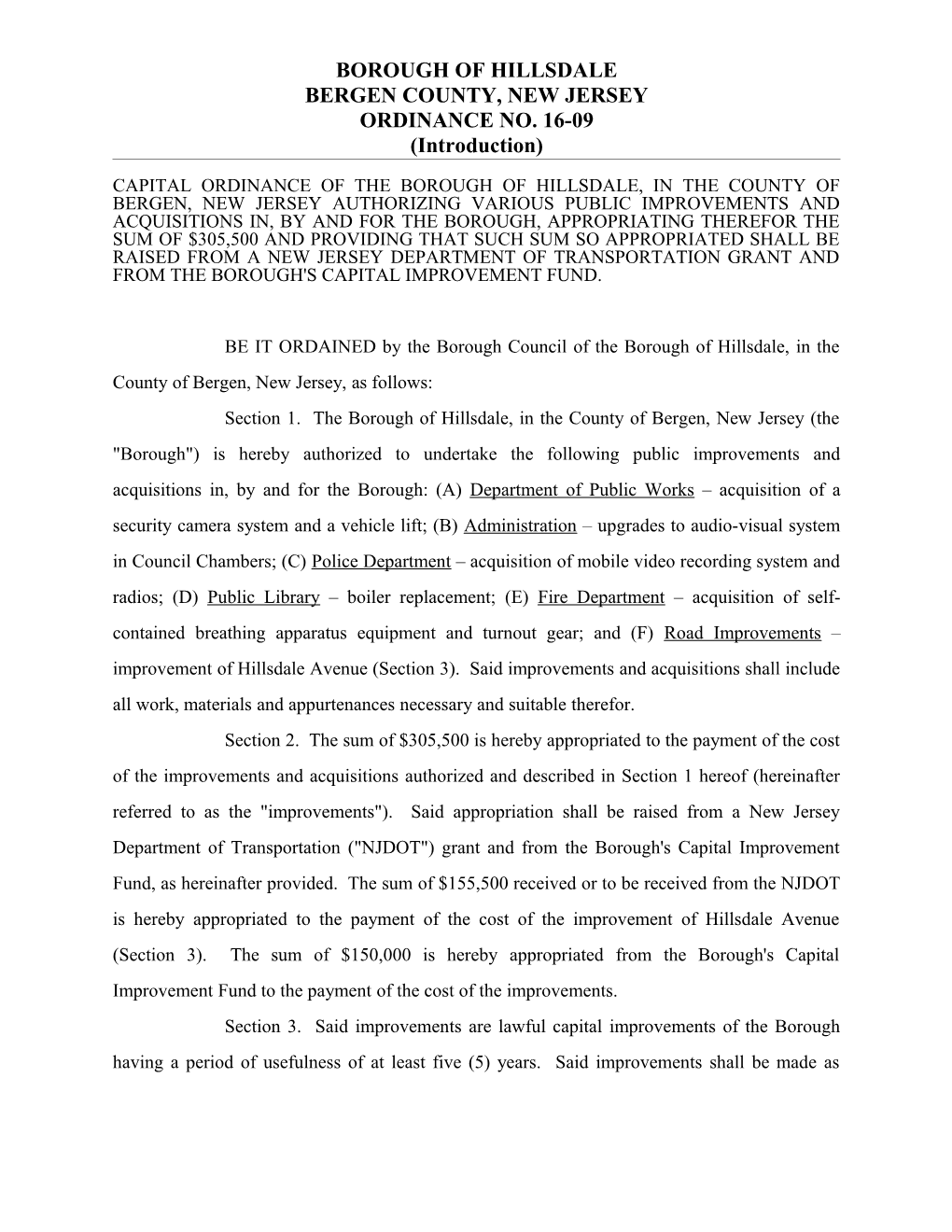 Capital Ordinance of the Borough of Teterboro, in the County of Bergen, New Jersey Authorizing