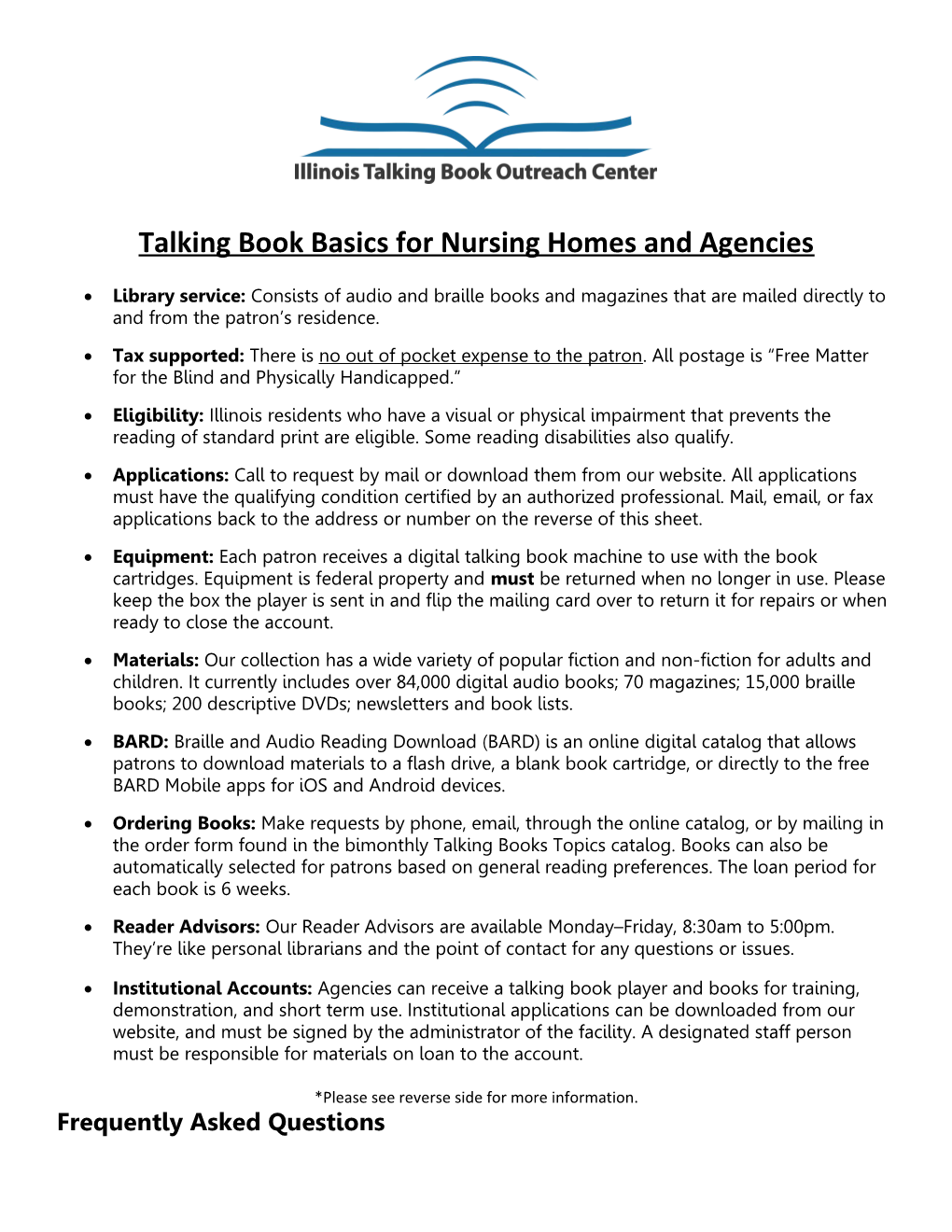 Talking Book Basics for Nursing Homes and Agencies
