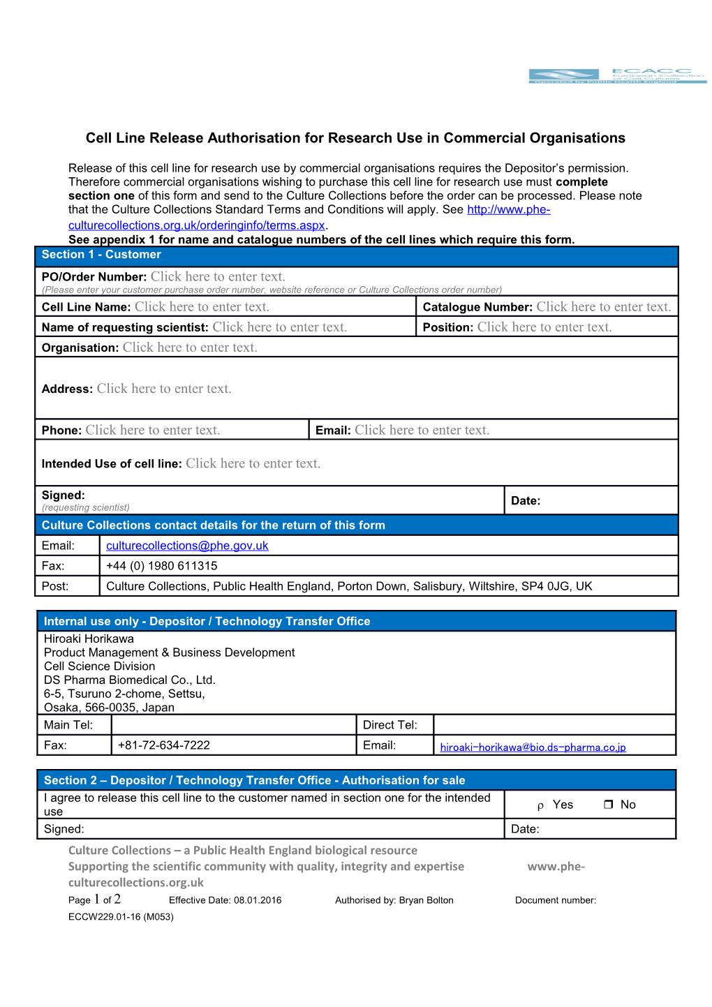 Cell Line Release Authorisation for Research Use in Commercial Organisations