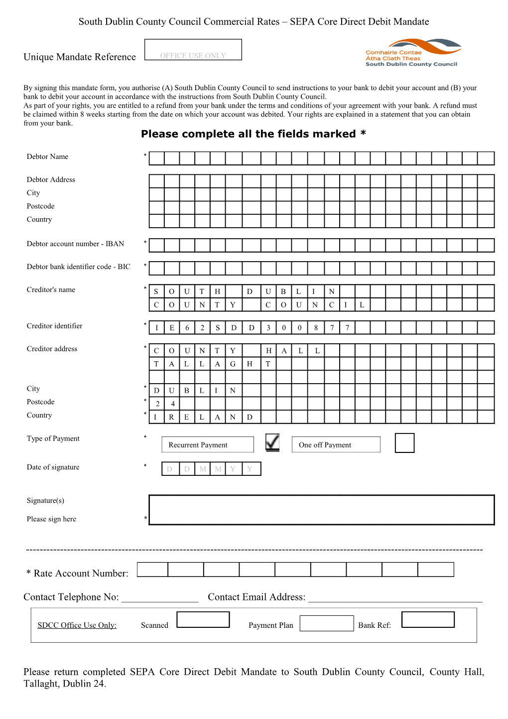 Southdublincounty Council Commercial Rates SEPA Core Direct Debit Mandate