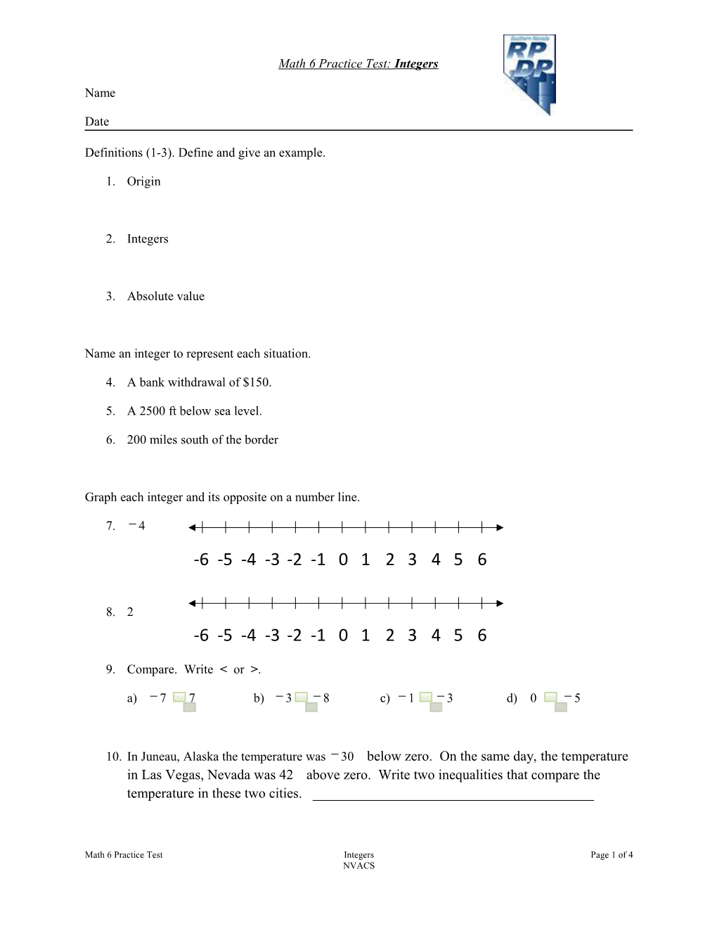 Math 6 Practice Test: Integers