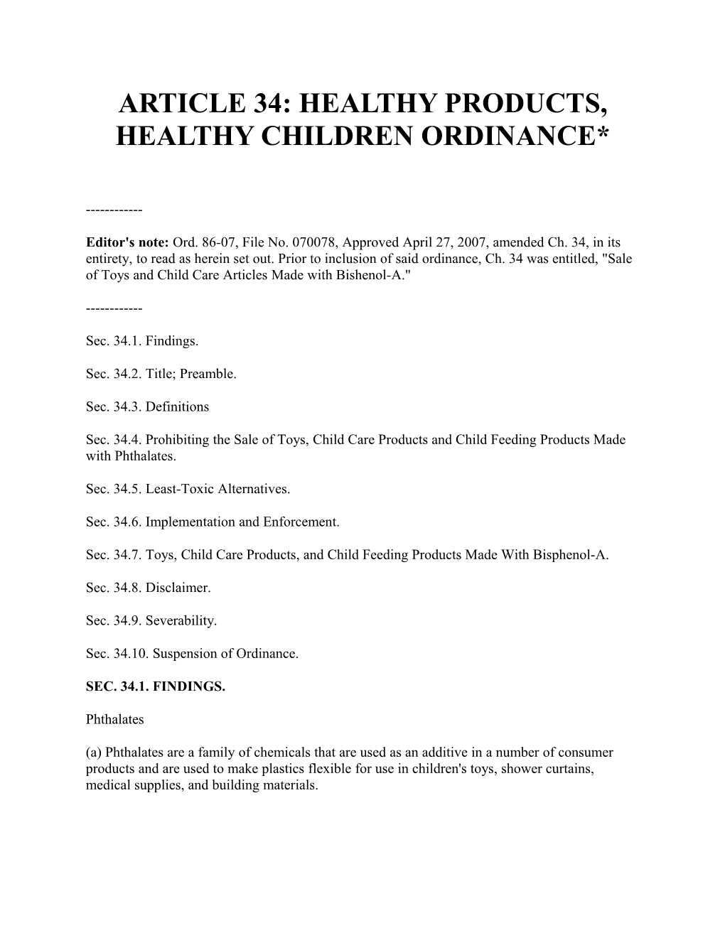 Article 34: Healthy Products, Healthy Children Ordinance*