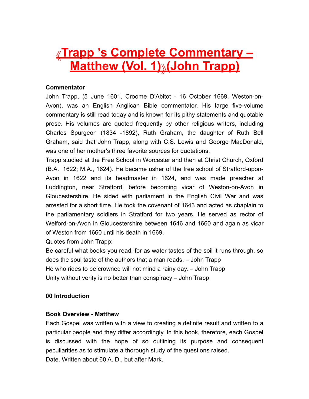 Trapp S Complete Commentary Matthew (Vol. 1) (John Trapp)