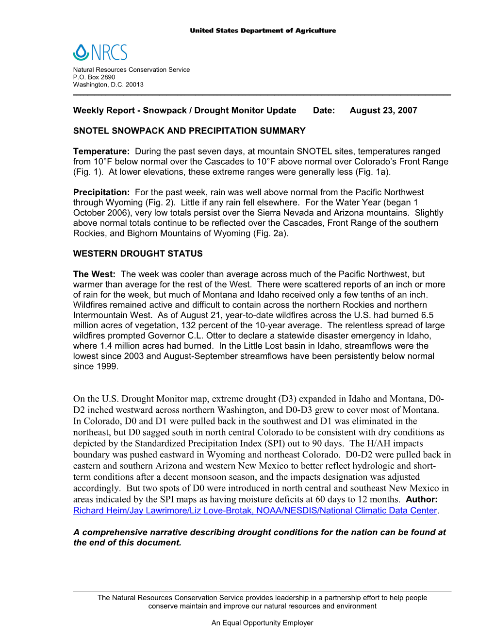 Weekly Report Drought Monitor / Snowpack Update s1