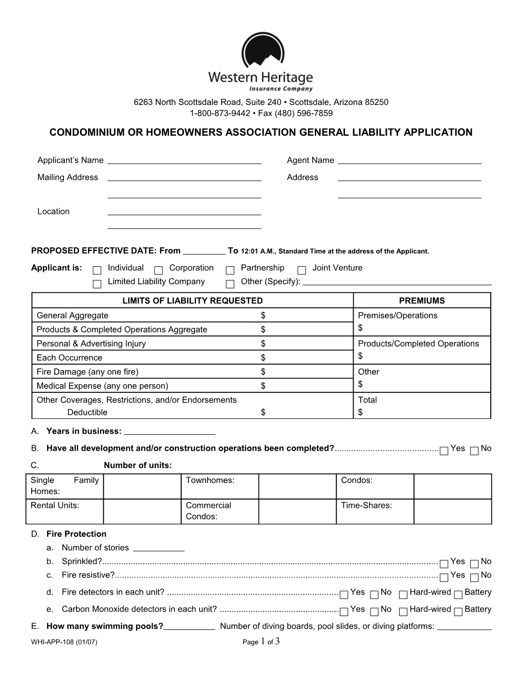 Condominium Or Homeowners Association General Liability Application