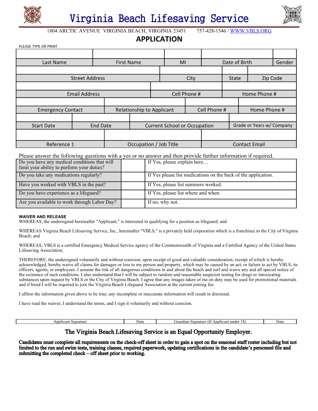Virginia Beach Lifesaving Service Application for Employment
