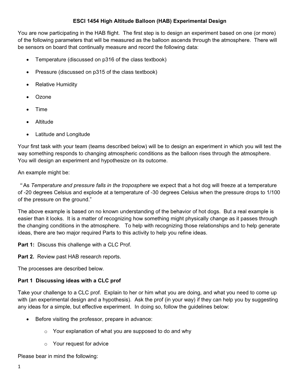 ESCI 1454 High Altitude Balloon (HAB) Experimental Design