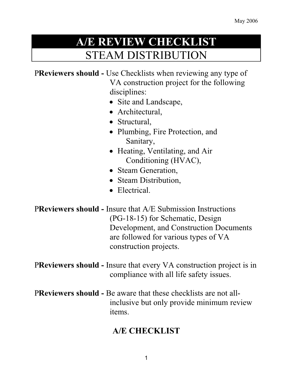 A/E Checklist - Steam Distribution