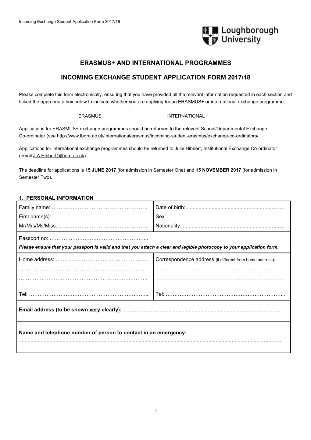 Incoming Exchange Student Application Form 2017/18
