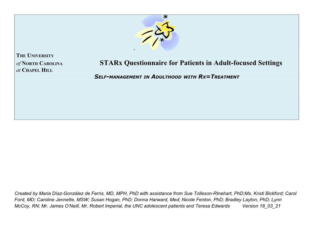 Of North Carolinastarx Questionnaire for Patients in Adult-Focused Settings