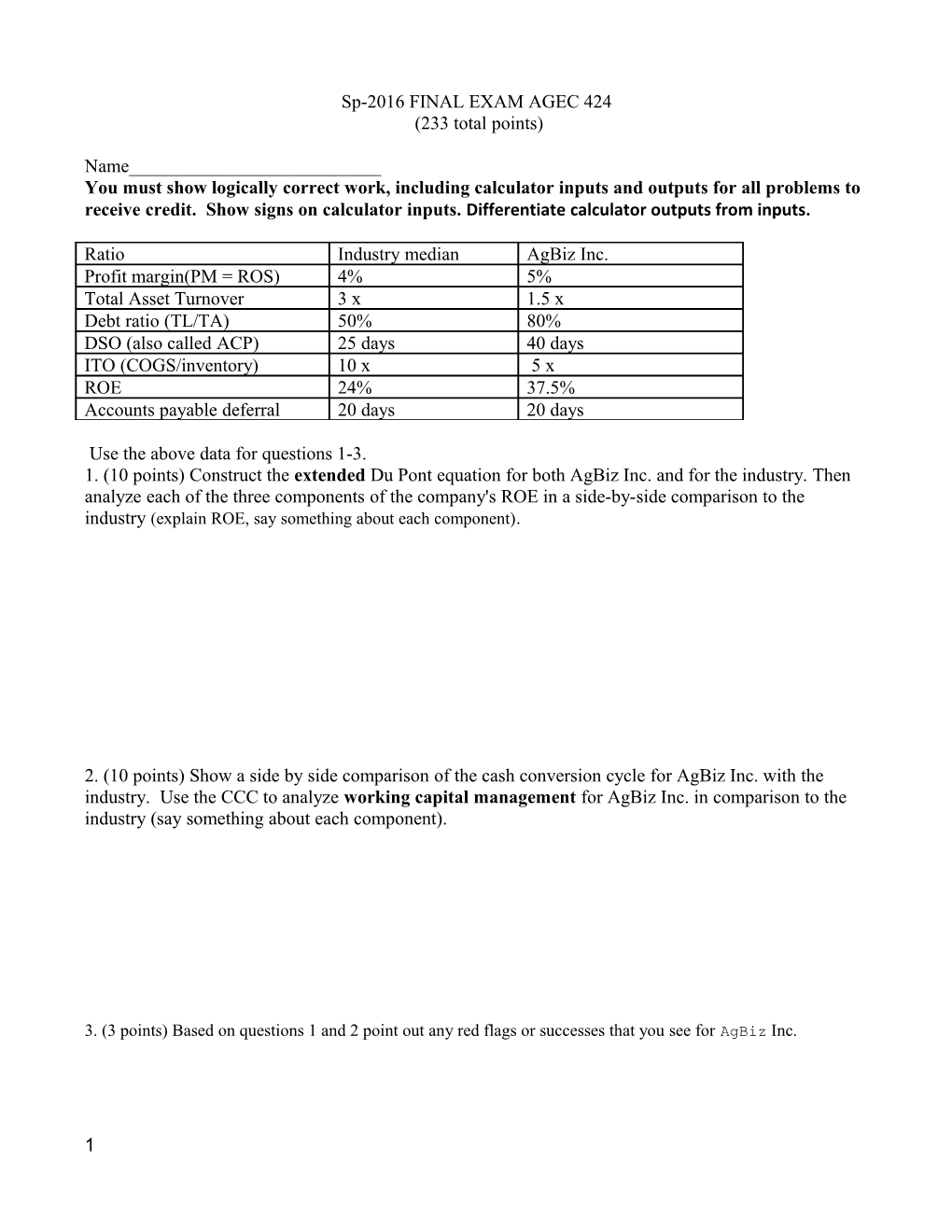 AGEC $424$ EXAM 1 (125 Points)