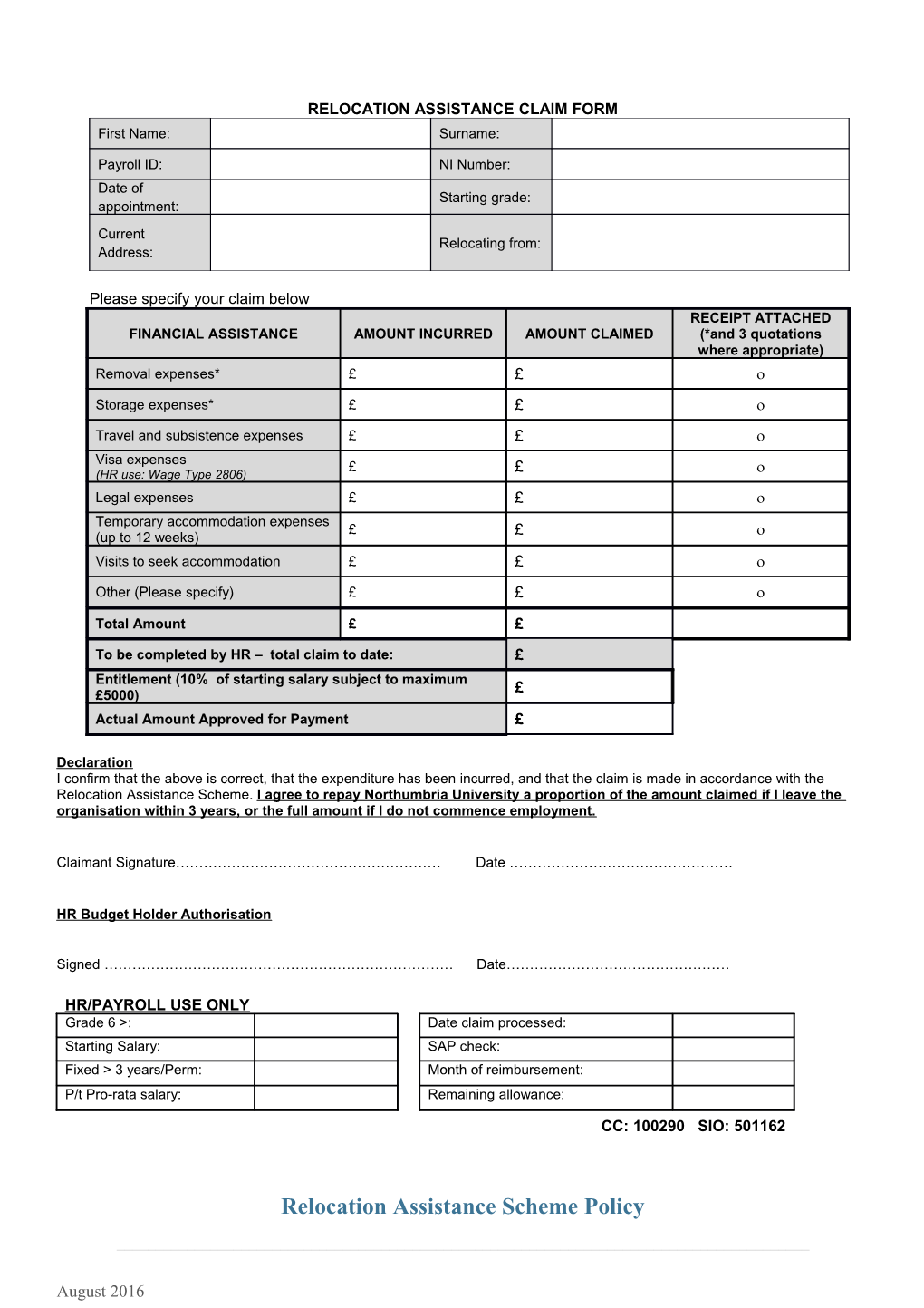 Relocation Assistance Claim Form