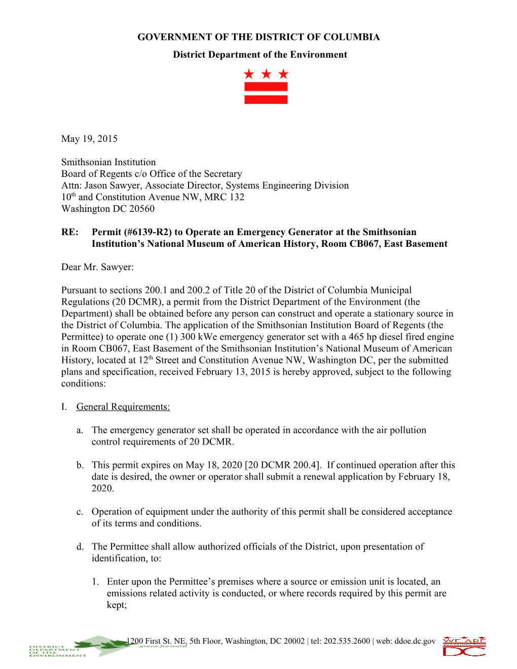 Permit (#6139-R2) to Operate an Emergency Generator at the Smithsonian Institution S National