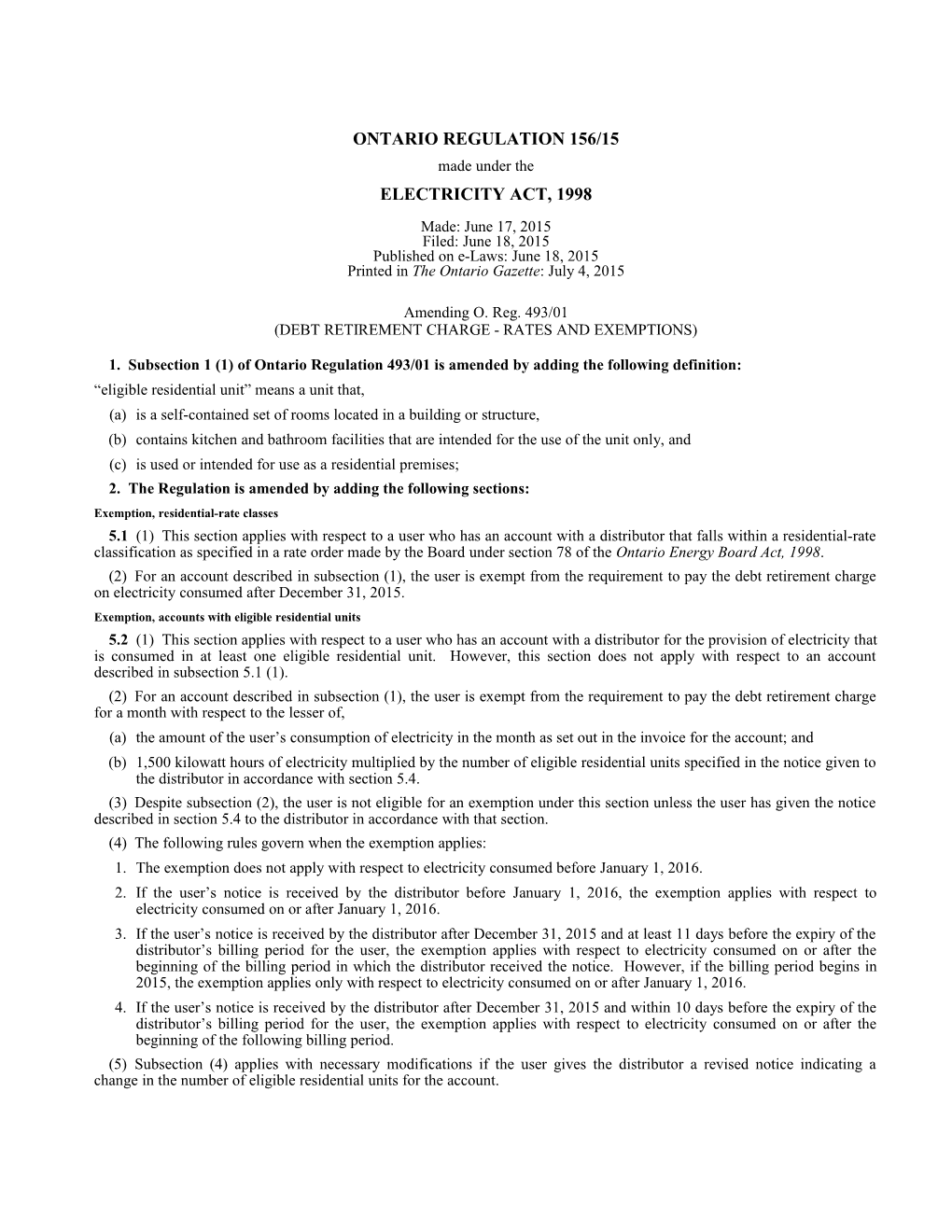 ELECTRICITY ACT, 1998 - O. Reg. 156/15