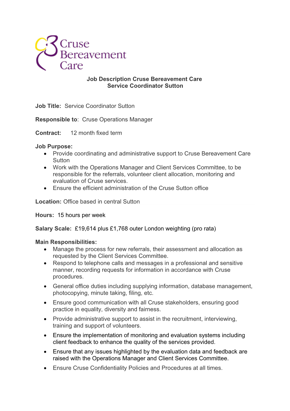 Job Description Cruse Bereavement Care