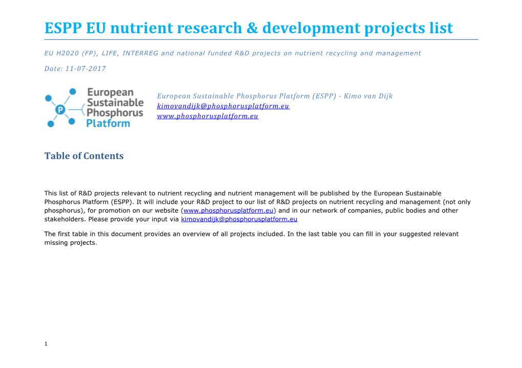 ESPP EU Nutrient Research & Development Projects List