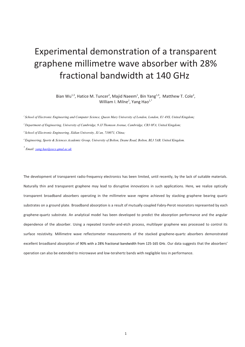 Experimental Demonstration of Transparent Graphene Absorber for Broadband Microwaves