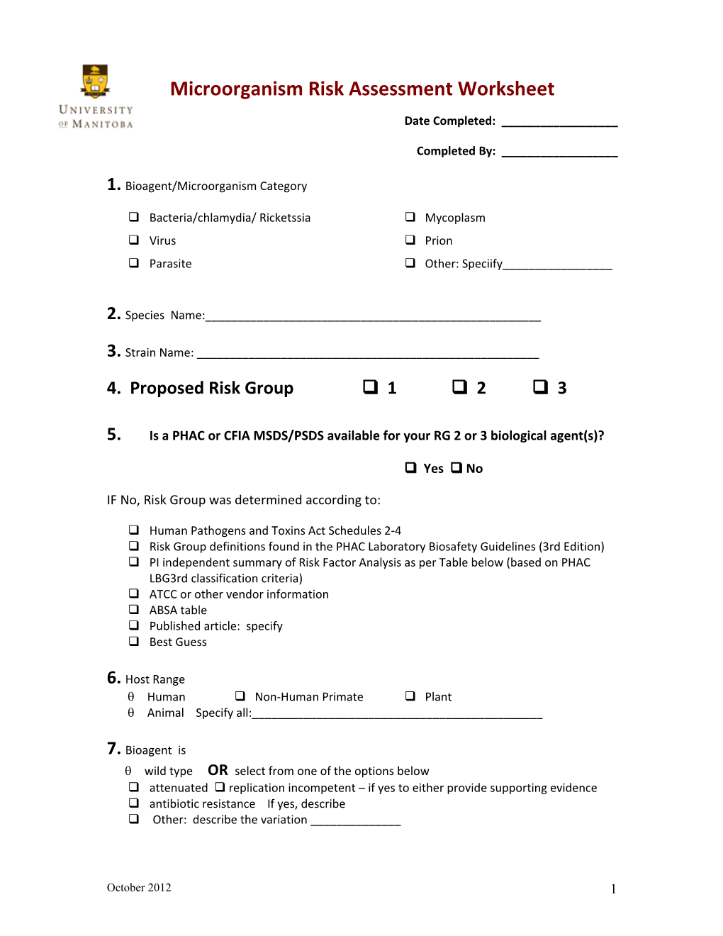 Microorganism Risk Assessment Worksheet