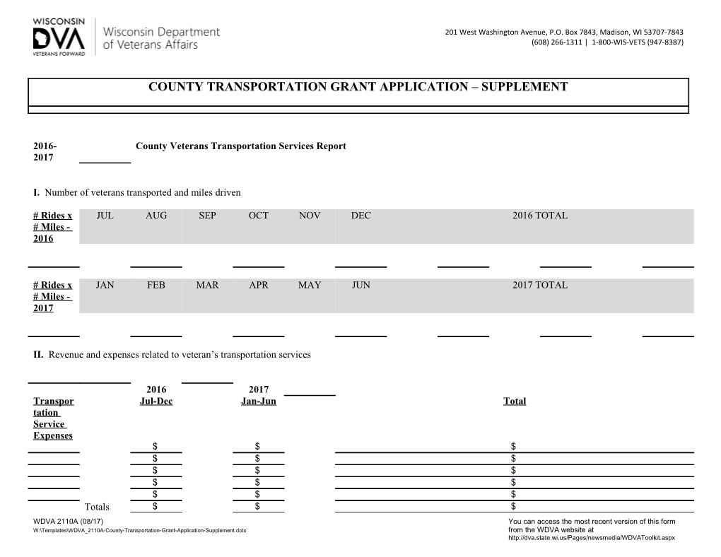 WDVA 2110A County Transportation Grant Application Supplement