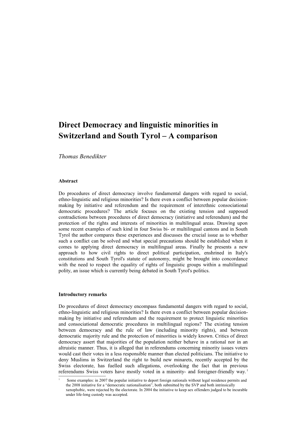 Direct Democracy and Linguistic Minorities in Switzerland and South Tyrol a Comparison