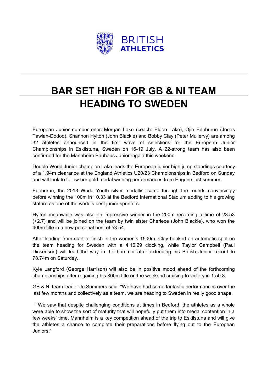 Bar Set High for Gb & Ni Team Heading to Sweden
