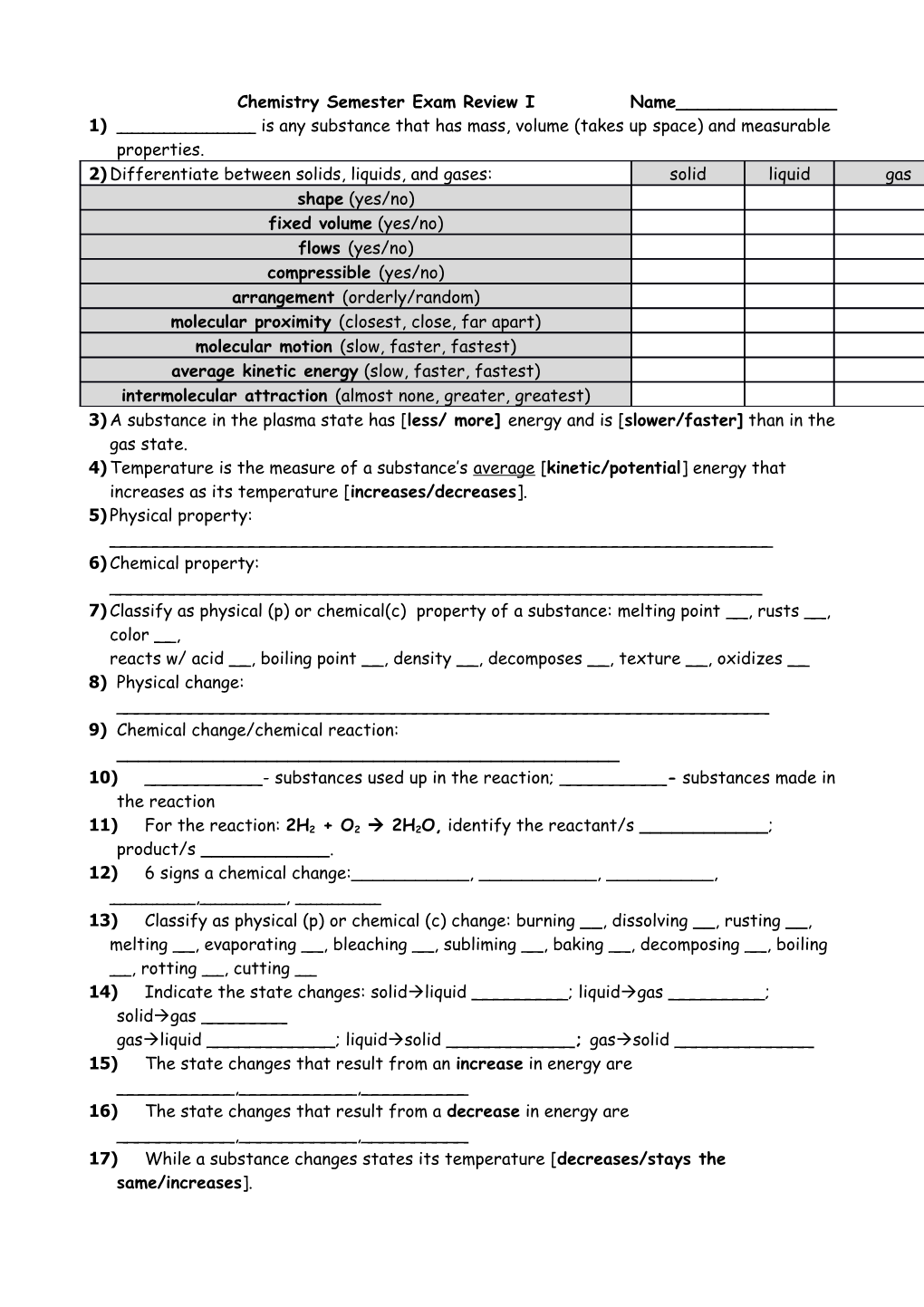 Chemistry Semester Exam Review I Name______